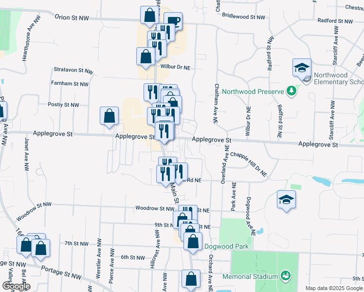 map of restaurants, bars, coffee shops, grocery stores, and more near 160 Applegrove Street Northeast in North Canton