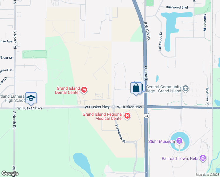 map of restaurants, bars, coffee shops, grocery stores, and more near Prairieview Street in Grand Island