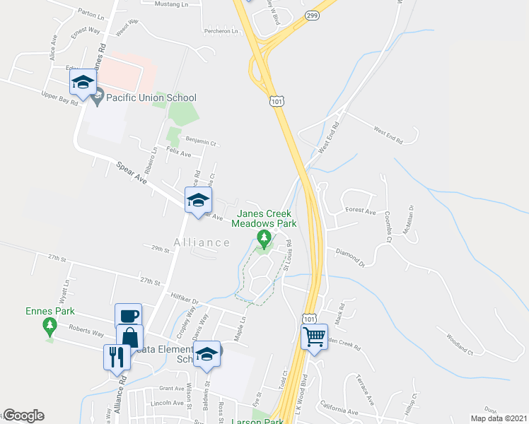 map of restaurants, bars, coffee shops, grocery stores, and more near 1121 Aloha Way in Arcata