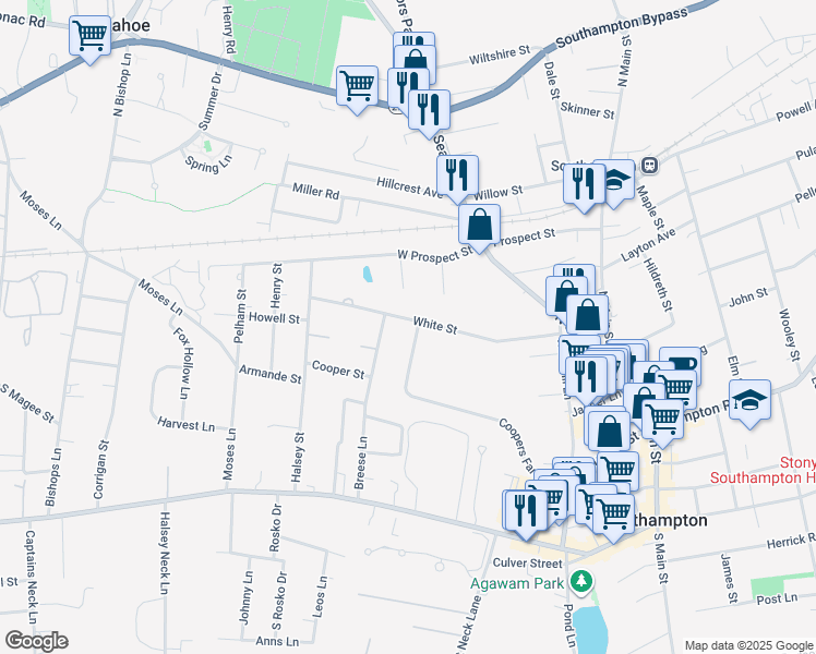map of restaurants, bars, coffee shops, grocery stores, and more near 150 Coopers Farm Road in Southampton