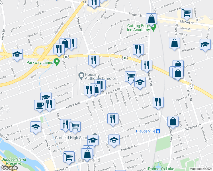 map of restaurants, bars, coffee shops, grocery stores, and more near 377 Madeline Avenue in Garfield