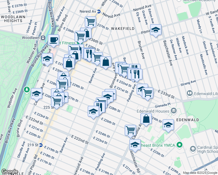 map of restaurants, bars, coffee shops, grocery stores, and more near 4139 Bronxwood Avenue in Bronx