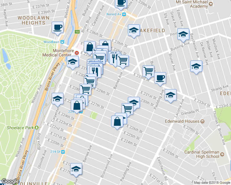 map of restaurants, bars, coffee shops, grocery stores, and more near 4112 Barnes Avenue in Bronx