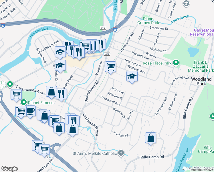 map of restaurants, bars, coffee shops, grocery stores, and more near 425 Mount Pleasant Avenue in Woodland Park