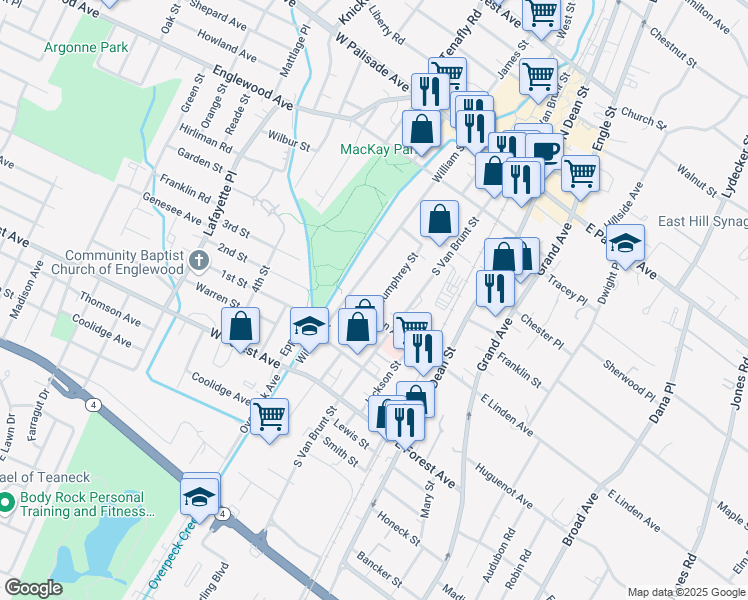 map of restaurants, bars, coffee shops, grocery stores, and more near 184 Humphrey Street in Englewood