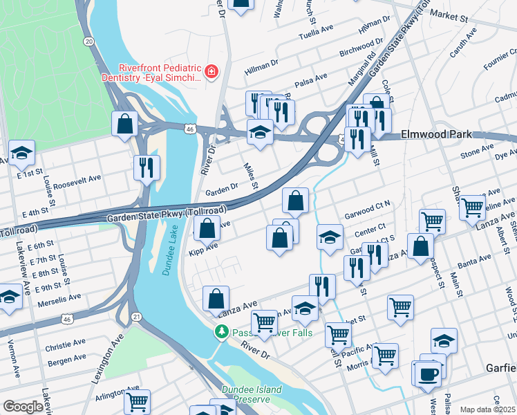 map of restaurants, bars, coffee shops, grocery stores, and more near 93 Martha Avenue in Elmwood Park