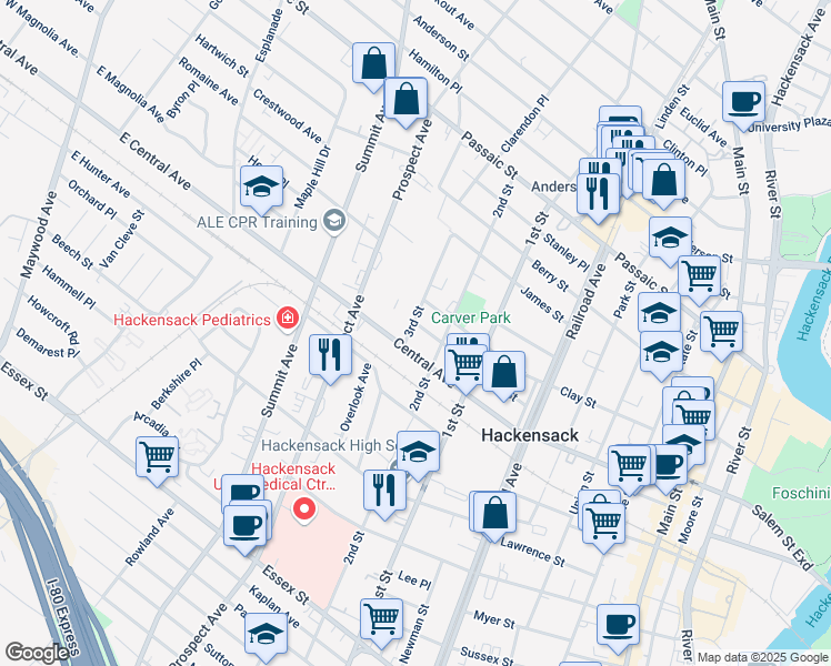 map of restaurants, bars, coffee shops, grocery stores, and more near 242 3rd Street in Hackensack