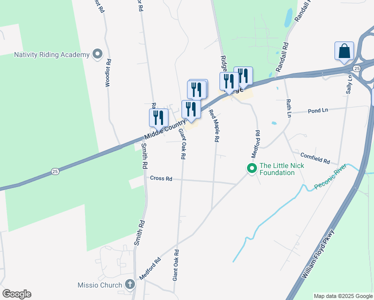 map of restaurants, bars, coffee shops, grocery stores, and more near 15 Giant Oak Road in Ridge
