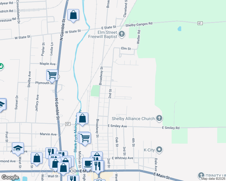 map of restaurants, bars, coffee shops, grocery stores, and more near 115 2nd St in Shelby