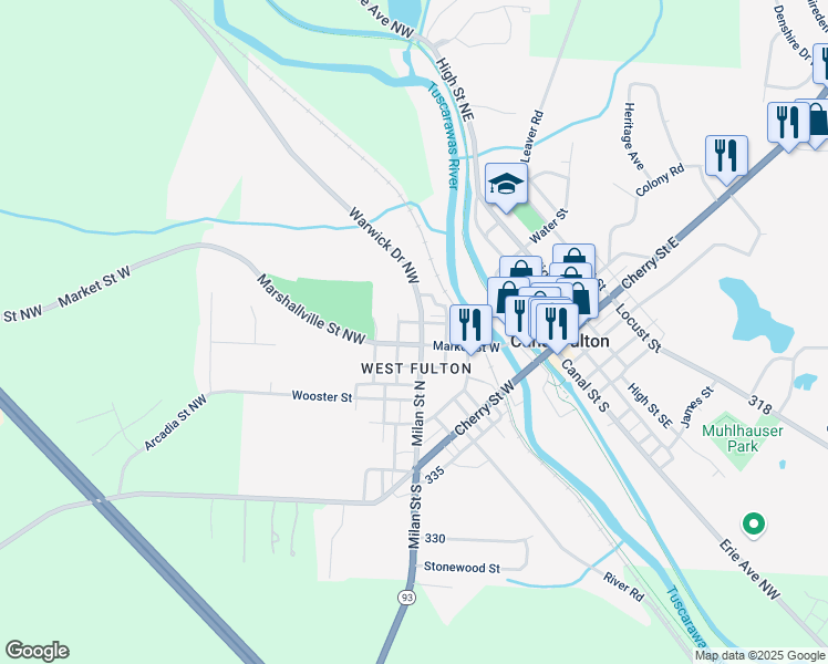 map of restaurants, bars, coffee shops, grocery stores, and more near 519 Milan Street North in Canal Fulton