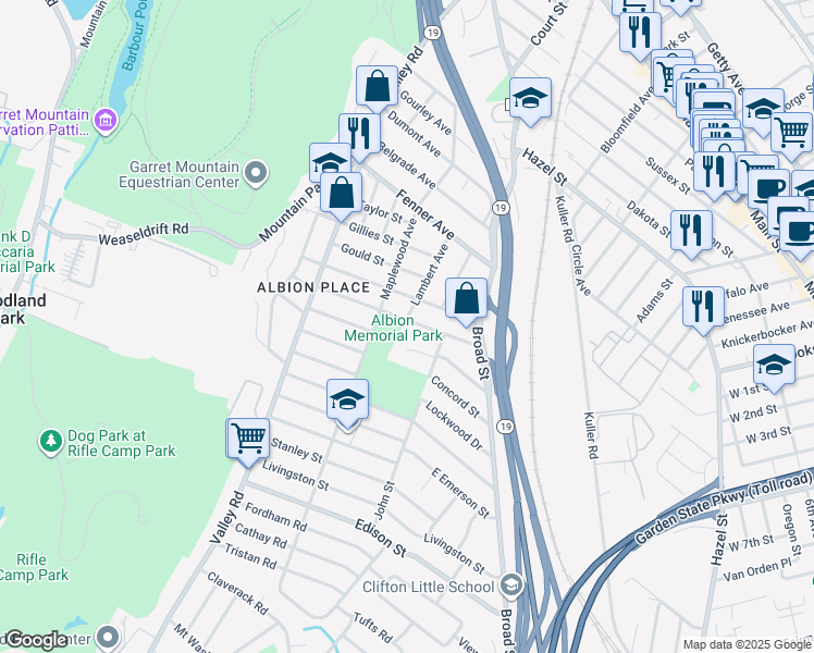 map of restaurants, bars, coffee shops, grocery stores, and more near 65 Warren Street in Clifton