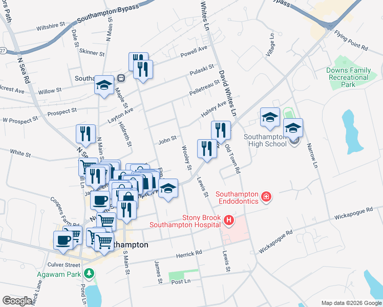 map of restaurants, bars, coffee shops, grocery stores, and more near 52 Wooley Street in Southampton