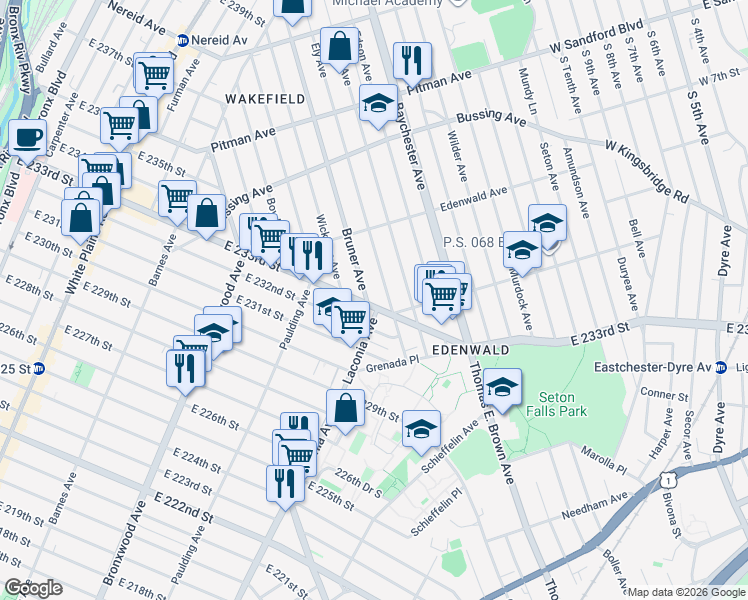 map of restaurants, bars, coffee shops, grocery stores, and more near 4002 Bruner Avenue in The Bronx