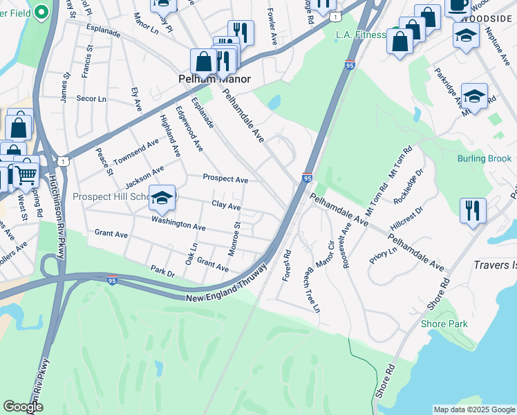 map of restaurants, bars, coffee shops, grocery stores, and more near 1118 Clay Avenue in Pelham Manor