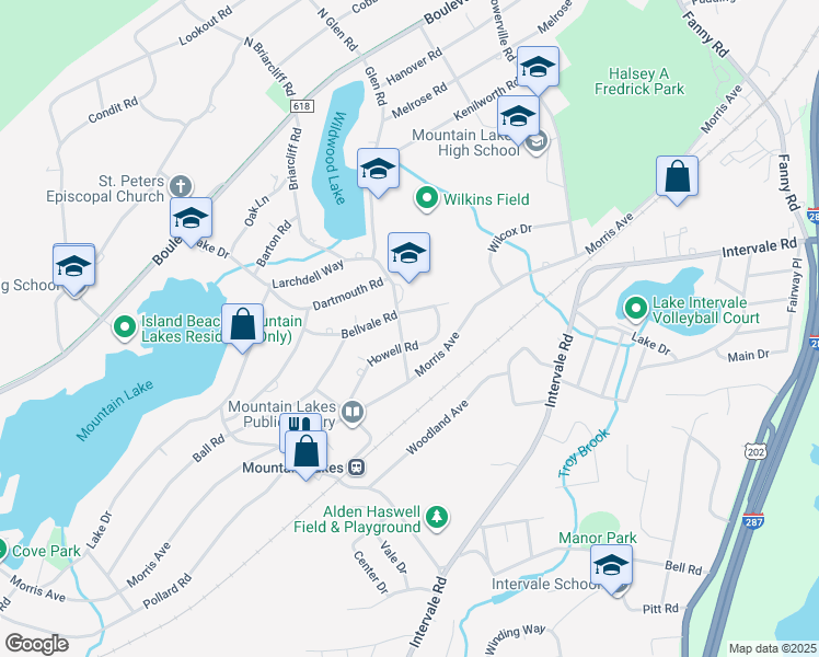 map of restaurants, bars, coffee shops, grocery stores, and more near 99 Briarcliff Rd in Mountain Lakes