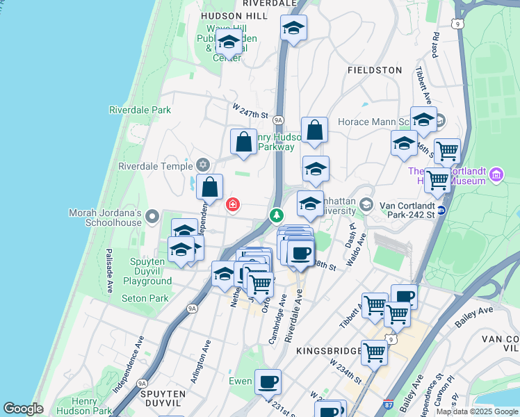 map of restaurants, bars, coffee shops, grocery stores, and more near 4055 Henry Hudson Parkway West in The Bronx