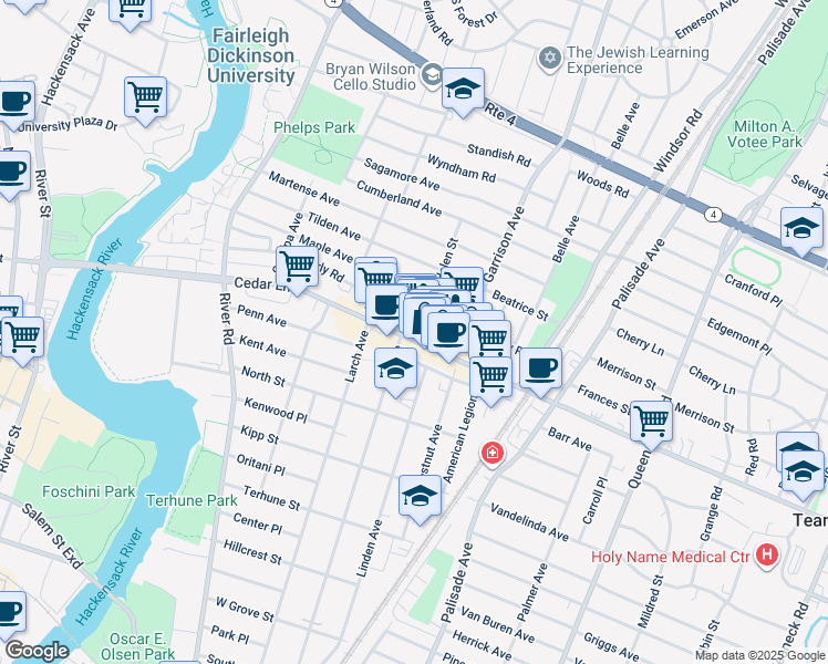 map of restaurants, bars, coffee shops, grocery stores, and more near 509 Cedar Lane in Teaneck