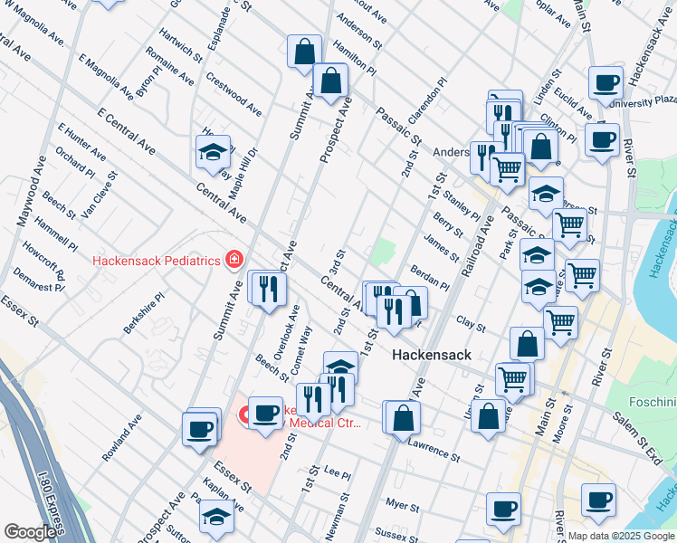 map of restaurants, bars, coffee shops, grocery stores, and more near 242 3rd Street in Hackensack