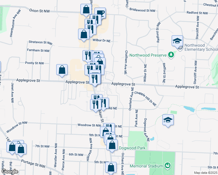 map of restaurants, bars, coffee shops, grocery stores, and more near 160 Applegrove St NE in North Canton