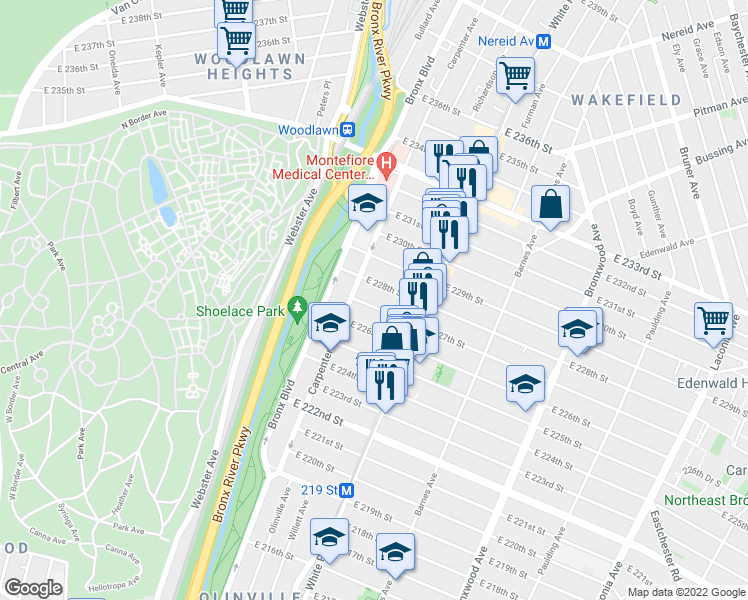 map of restaurants, bars, coffee shops, grocery stores, and more near 647 East 227th Street in Bronx