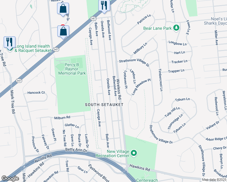 map of restaurants, bars, coffee shops, grocery stores, and more near 46 Bellwood Ave in Centereach