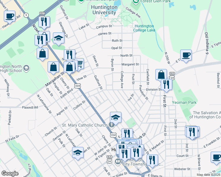 map of restaurants, bars, coffee shops, grocery stores, and more near 460 Division Street in Huntington