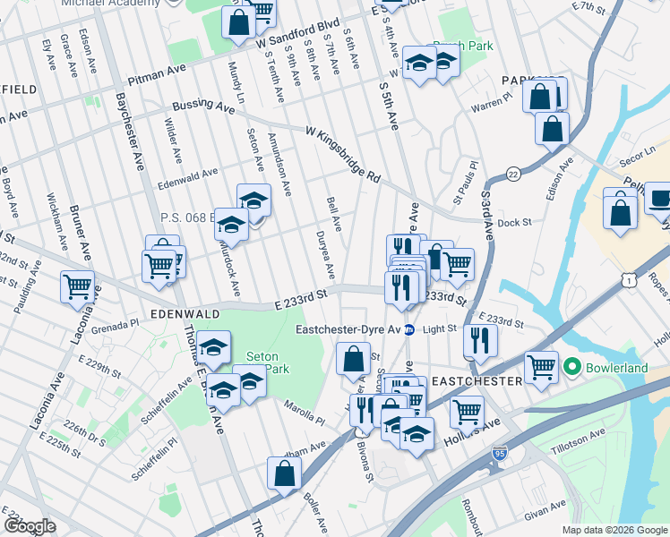 map of restaurants, bars, coffee shops, grocery stores, and more near 3919 Pratt Avenue in Bronx