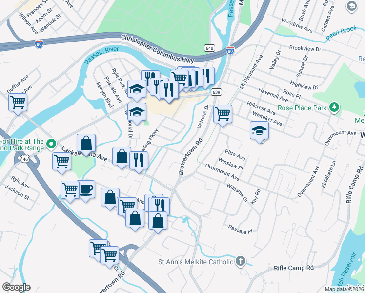 map of restaurants, bars, coffee shops, grocery stores, and more near 49 Vetrone Drive in Woodland Park