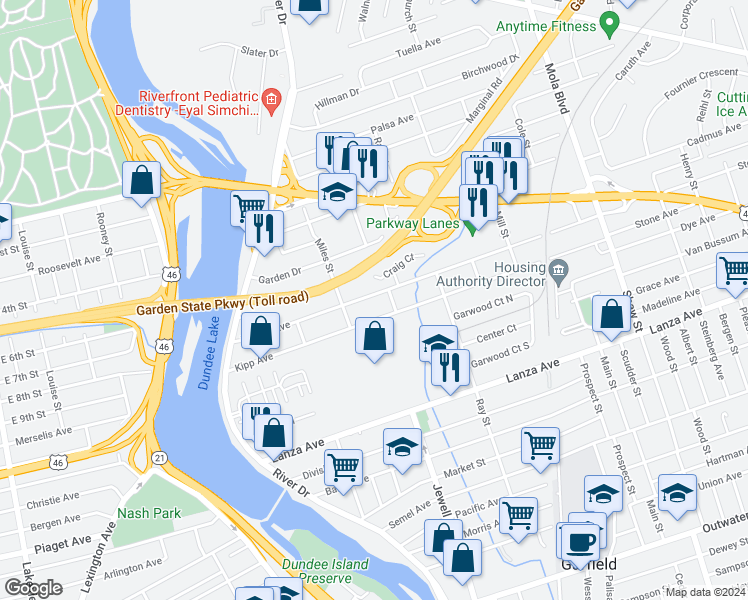 map of restaurants, bars, coffee shops, grocery stores, and more near 124 Martha Avenue in Elmwood Park