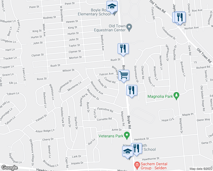 map of restaurants, bars, coffee shops, grocery stores, and more near 15 Deville Drive in Selden