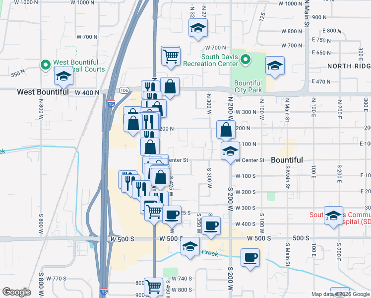 map of restaurants, bars, coffee shops, grocery stores, and more near 64 Tierra Vista Court in Bountiful