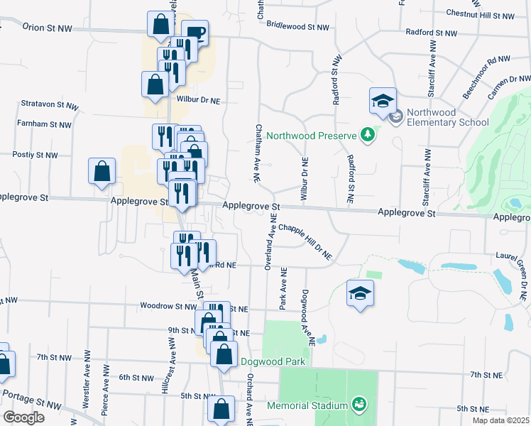 map of restaurants, bars, coffee shops, grocery stores, and more near 246 Applegrove Street Northeast in North Canton