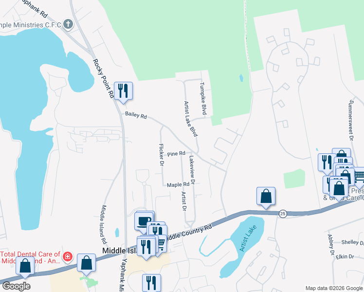 map of restaurants, bars, coffee shops, grocery stores, and more near 40 Bailey Road in Middle Island