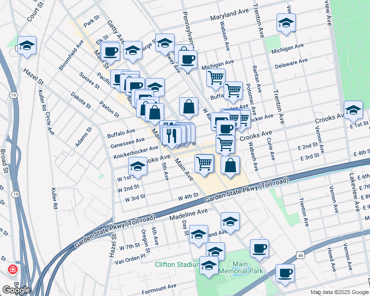 map of restaurants, bars, coffee shops, grocery stores, and more near 131 Crooks Avenue in Paterson