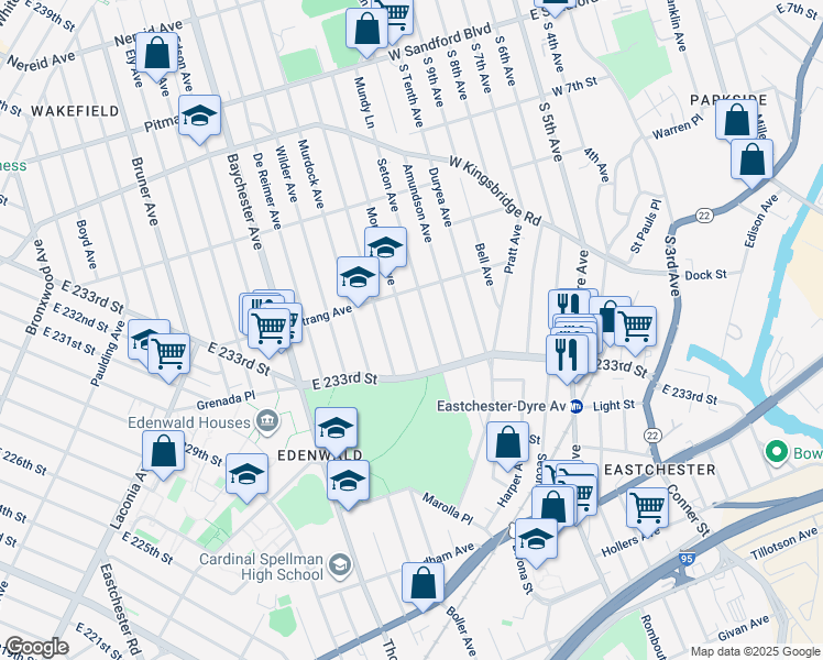 map of restaurants, bars, coffee shops, grocery stores, and more near 3938 Monticello Avenue in Bronx