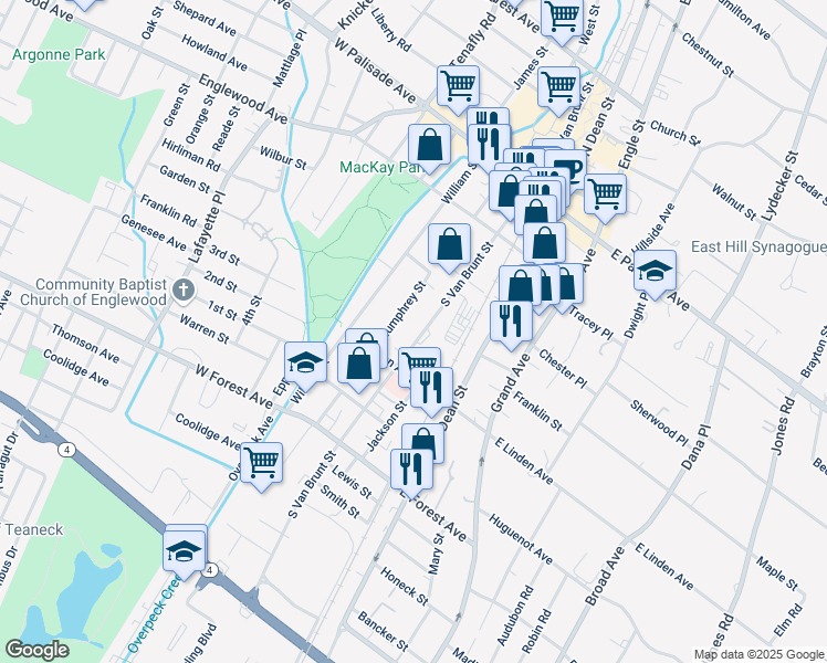 map of restaurants, bars, coffee shops, grocery stores, and more near 152 South Van Brunt Street in Englewood