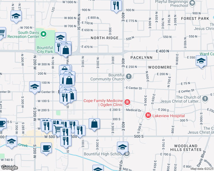 map of restaurants, bars, coffee shops, grocery stores, and more near 260 East 100 North in Bountiful