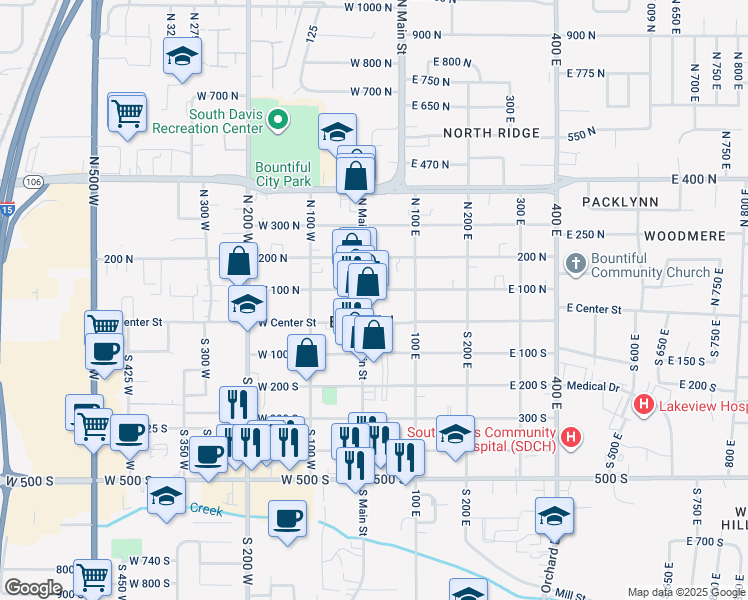 map of restaurants, bars, coffee shops, grocery stores, and more near in Bountiful