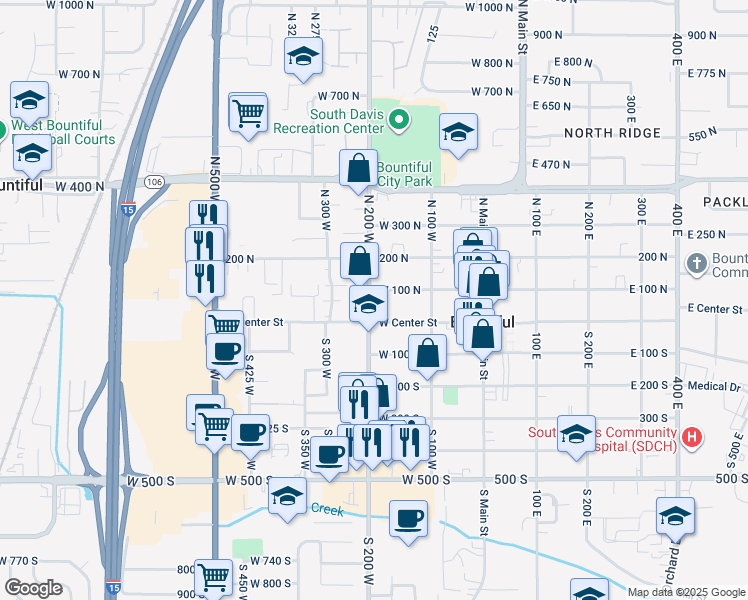 map of restaurants, bars, coffee shops, grocery stores, and more near 185 West 100 North in Bountiful