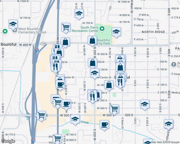 map of restaurants, bars, coffee shops, grocery stores, and more near in Bountiful