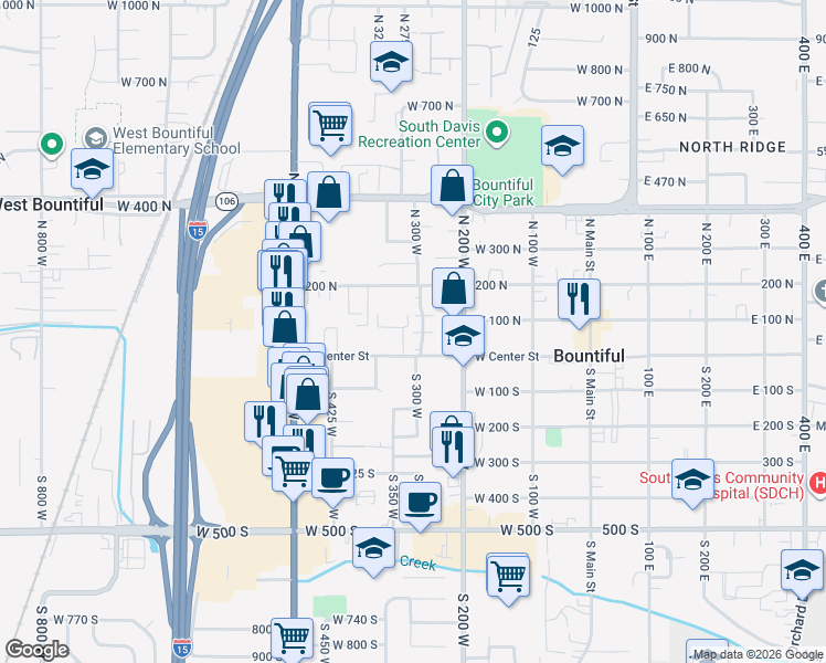 map of restaurants, bars, coffee shops, grocery stores, and more near 314 West Center Street in Bountiful