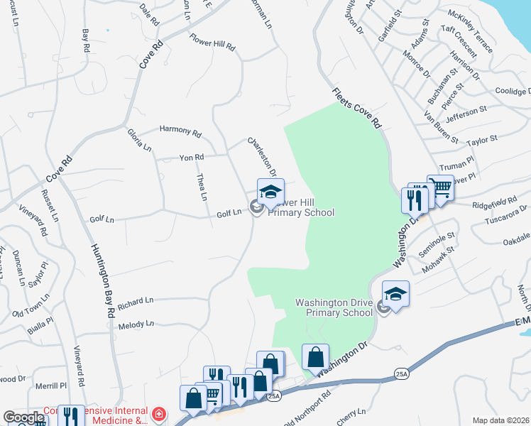map of restaurants, bars, coffee shops, grocery stores, and more near 98 Flower Hill Road in Huntington