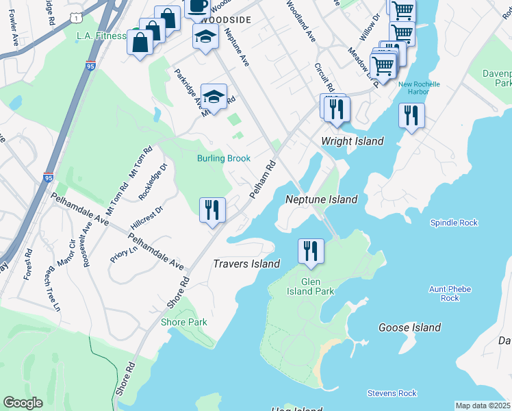 map of restaurants, bars, coffee shops, grocery stores, and more near 676 Pelham Road in New Rochelle