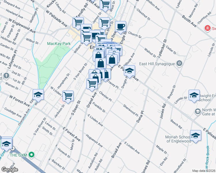 map of restaurants, bars, coffee shops, grocery stores, and more near 90 Tracey Place in Englewood
