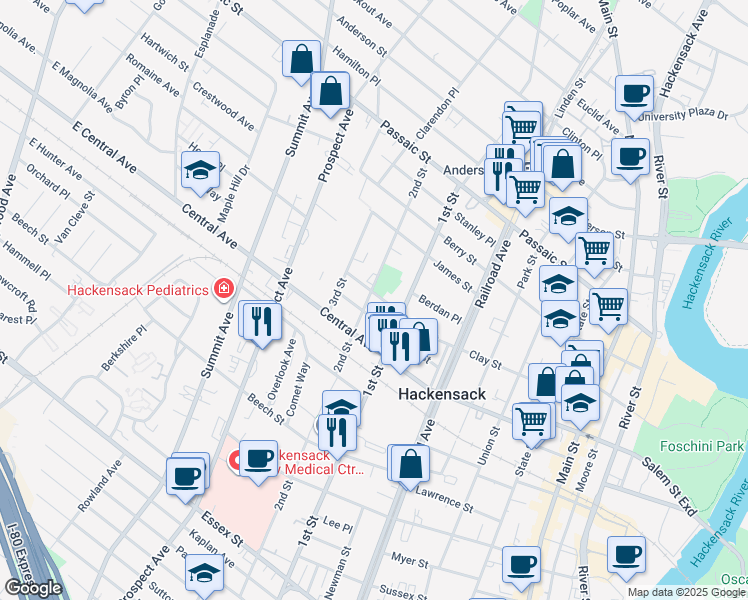 map of restaurants, bars, coffee shops, grocery stores, and more near 237 Clay Street in Hackensack