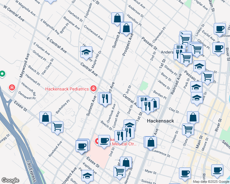 map of restaurants, bars, coffee shops, grocery stores, and more near 212 Prospect Avenue in Hackensack