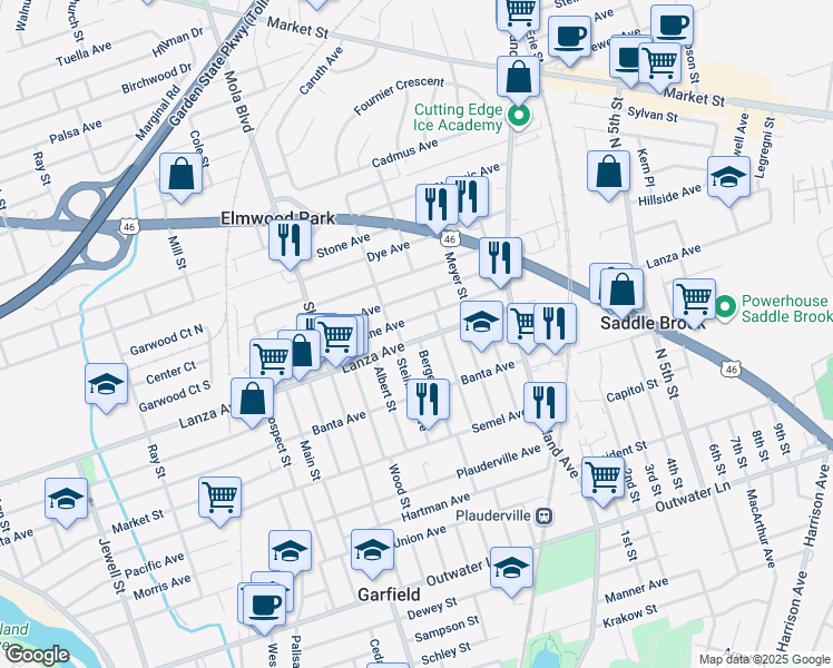 map of restaurants, bars, coffee shops, grocery stores, and more near 439 Lanza Avenue in Garfield