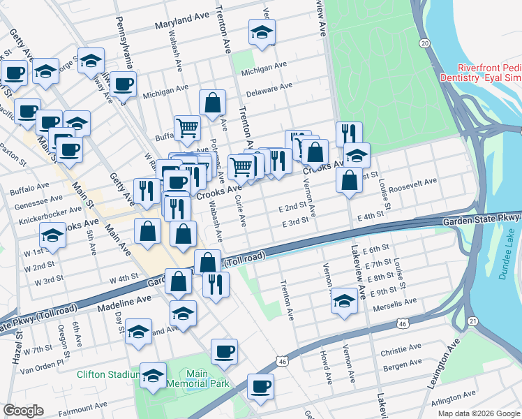 map of restaurants, bars, coffee shops, grocery stores, and more near 122 East 2nd Street in Clifton