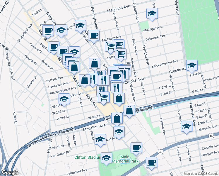 map of restaurants, bars, coffee shops, grocery stores, and more near 471 Crooks Avenue in Clifton