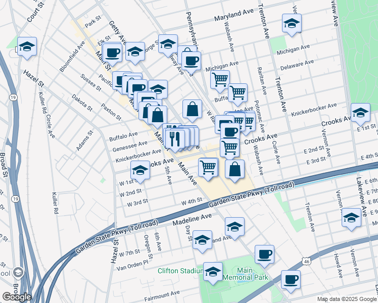 map of restaurants, bars, coffee shops, grocery stores, and more near 131 Crooks Avenue in Paterson